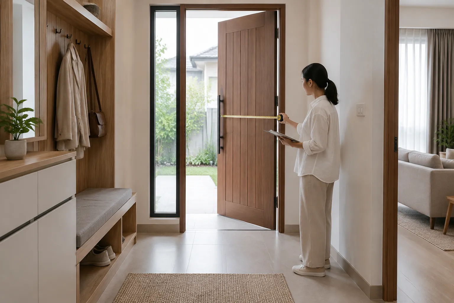 Orang mengukur bukaan pintu foyer