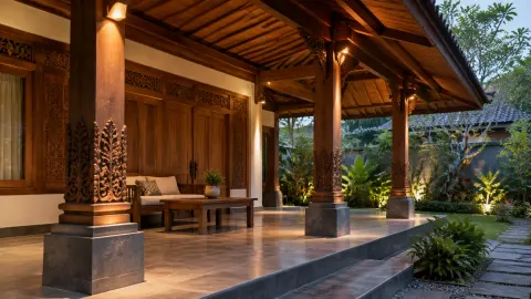 Teras rumah bergaya tradisional dengan lampu pada kolom dan taman