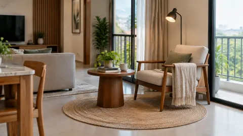 Area duduk kecil dengan sofa dan kursi dekat jendela