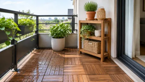 Lantai dek kayu basah pada balkon berisi tanaman
