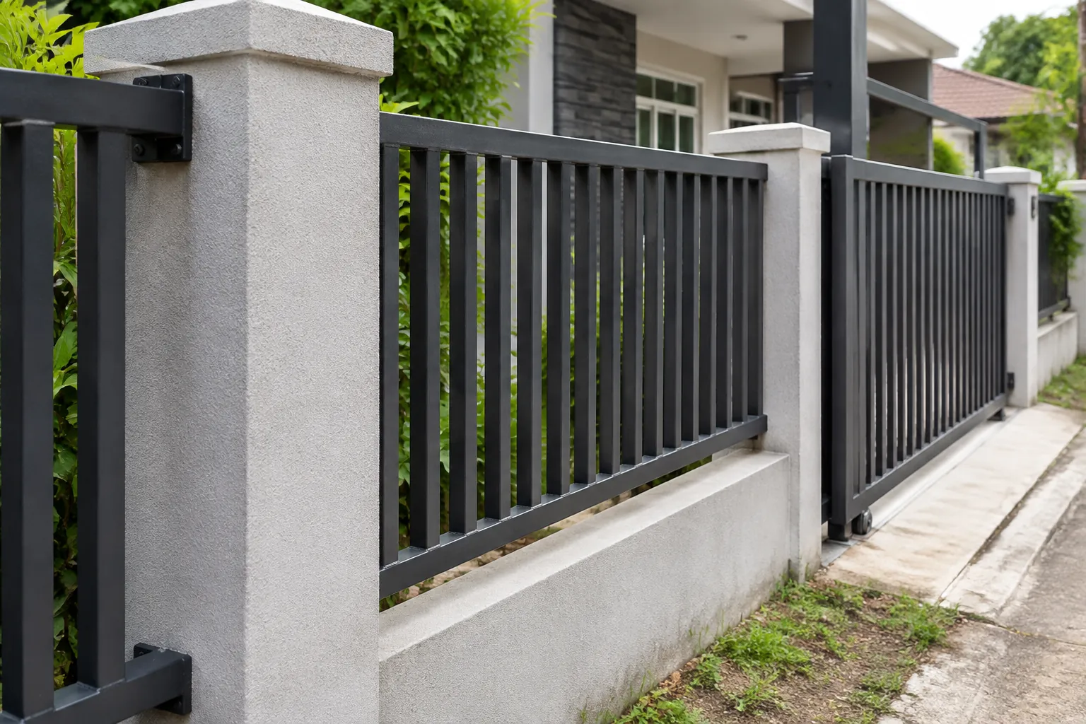 Pagar logam pada batas depan rumah dan jalur pejalan kaki