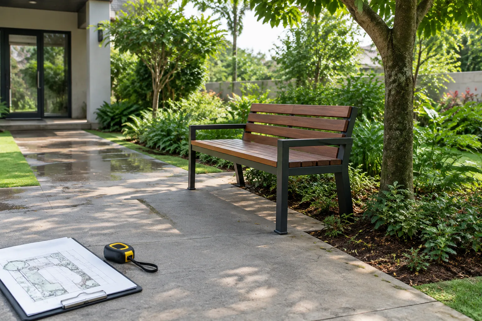 Bangku taman di samping jalur pijak