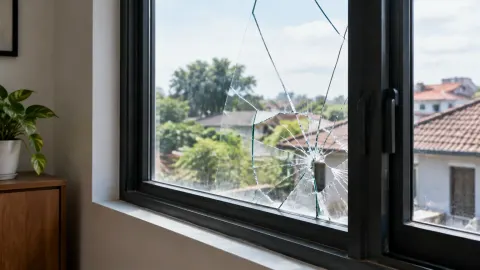 Kaca jendela retak pada bukaan ruang rumah