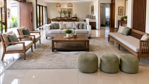 Ruang tamu luas dengan beberapa sofa dan tempat duduk tambahan