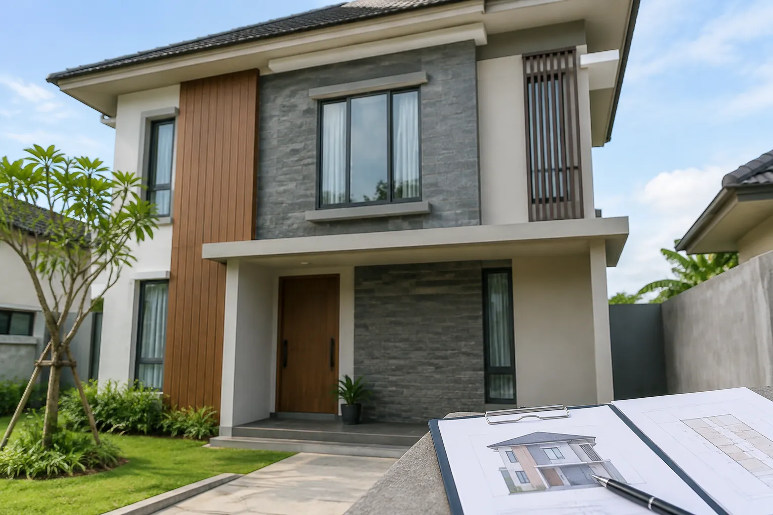Rumah dua lantai dengan gambar rancangan dan catatan di depan
