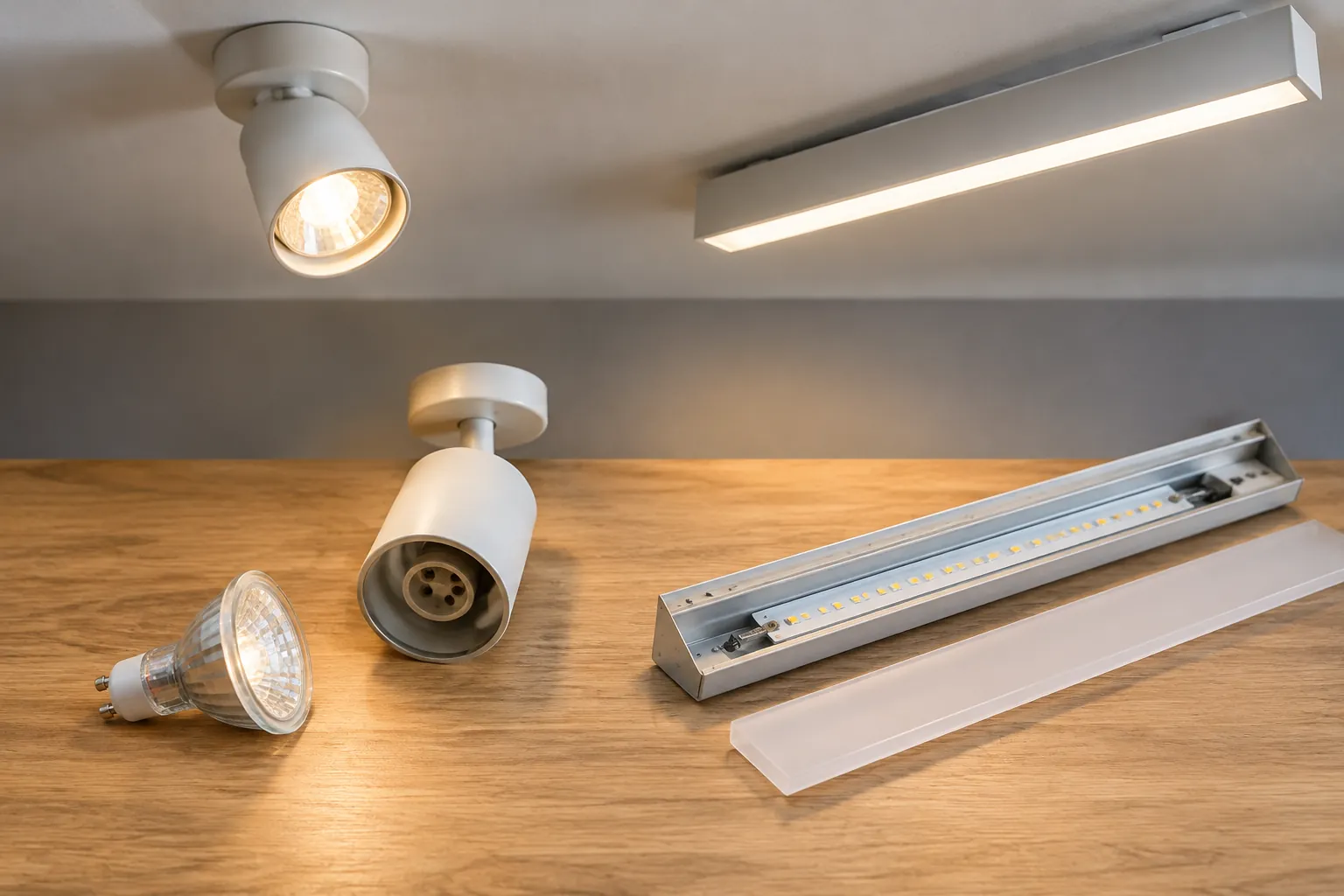 Bola lampu, sorot, dan lampu linier pada meja