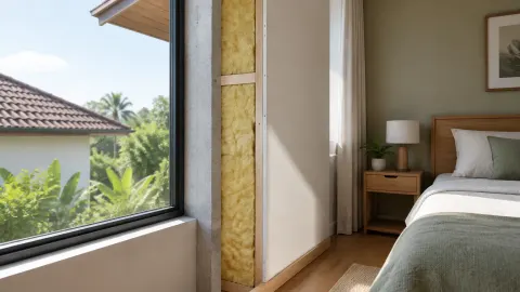 Lapisan insulasi terlihat pada dinding kamar