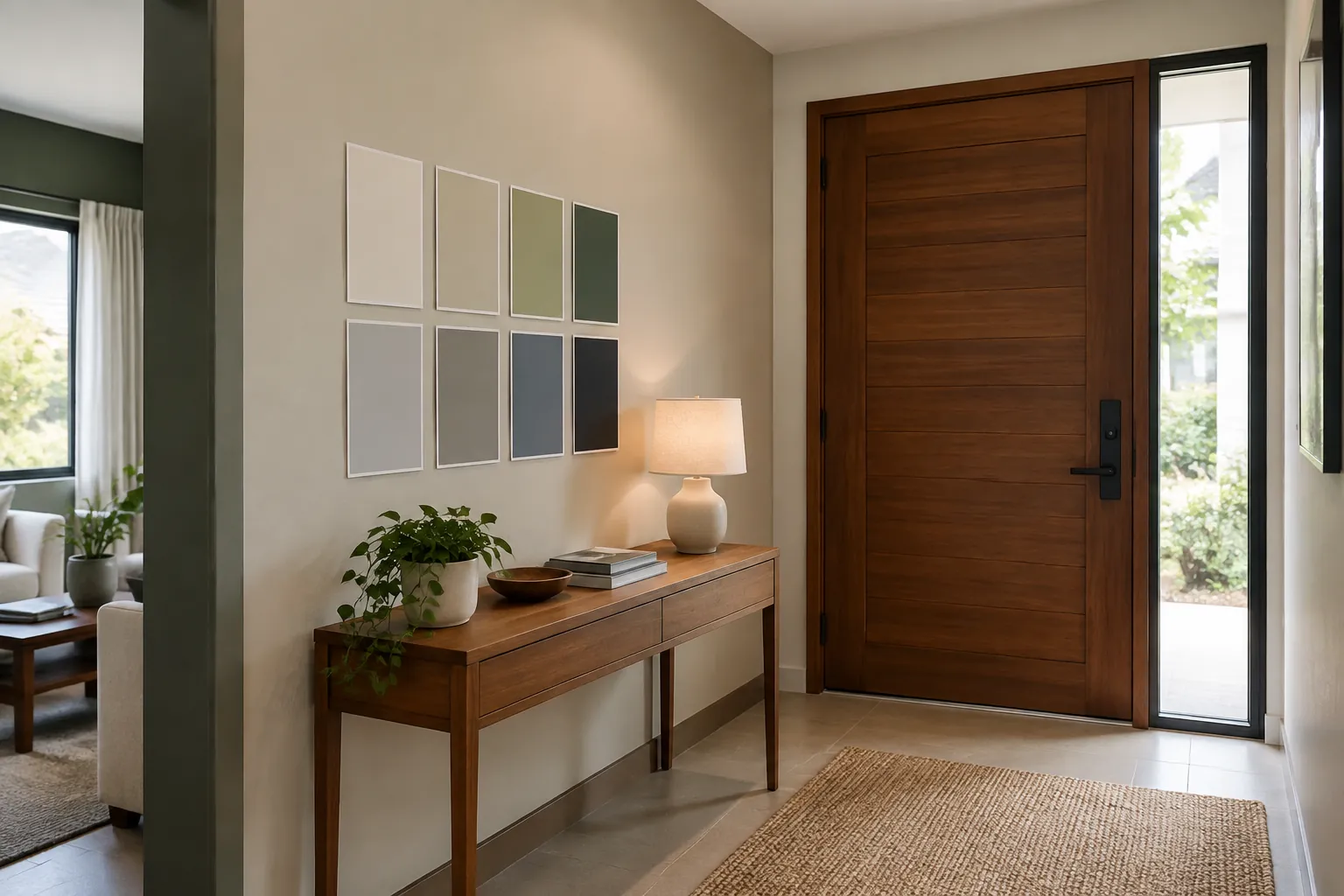 Foyer dengan contoh warna di dinding atas meja konsol