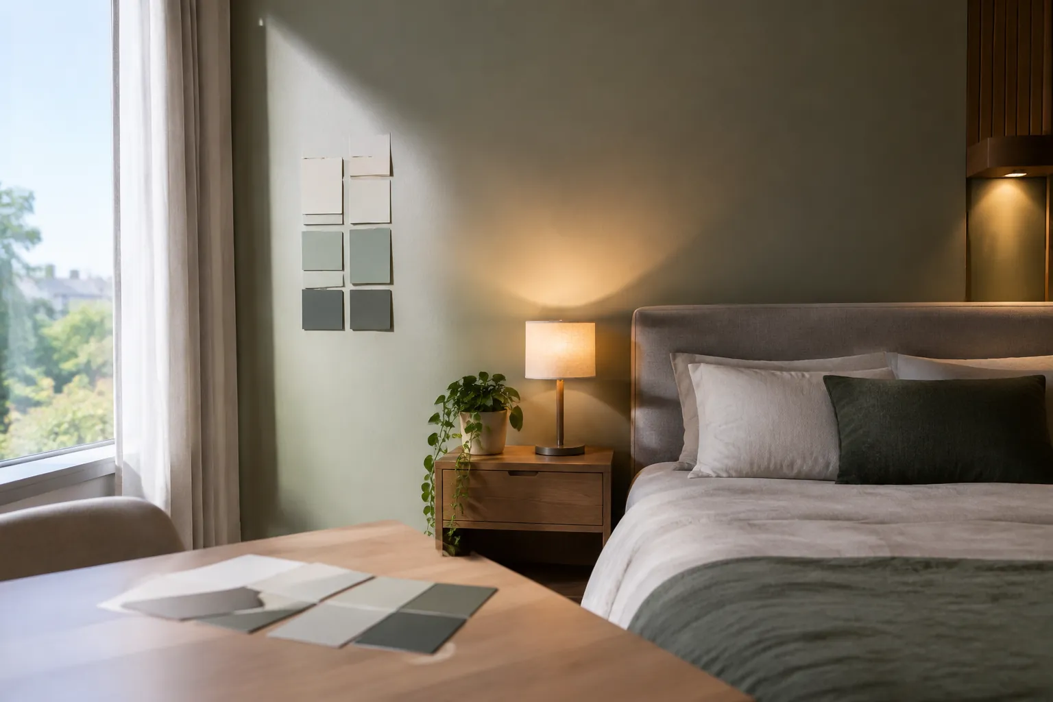 Contoh warna ditempel di dinding samping tempat tidur