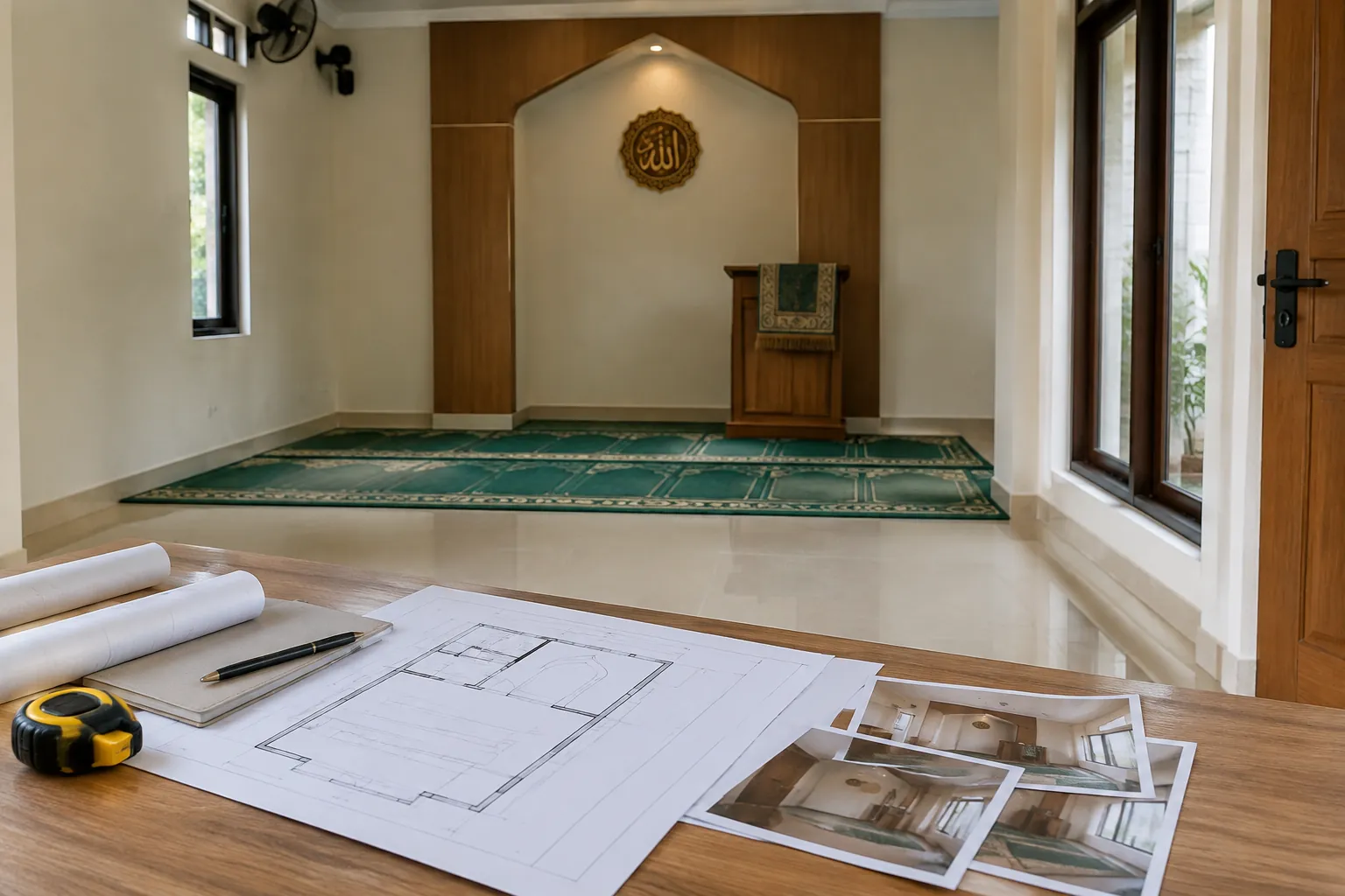 Gambar rencana dan sampel material berada di ruang musala yang direnovasi