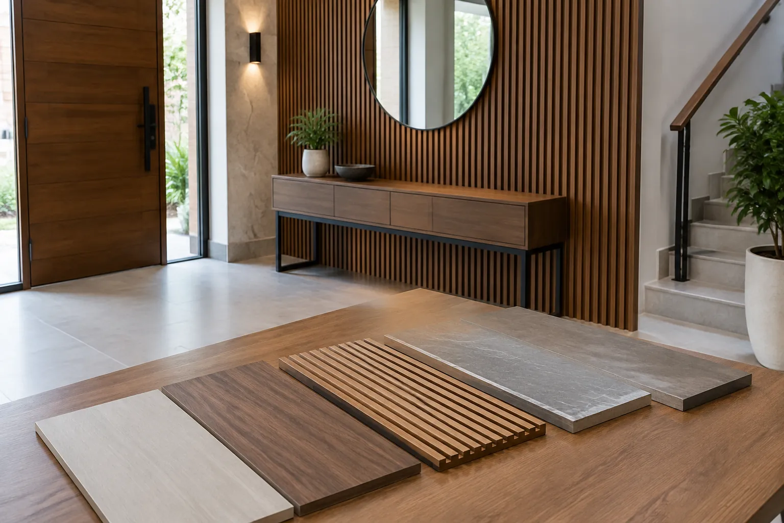 Sampel panel kayu di depan foyer bercermin