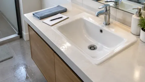 Wastafel kamar mandi dengan genangan kecil di meja