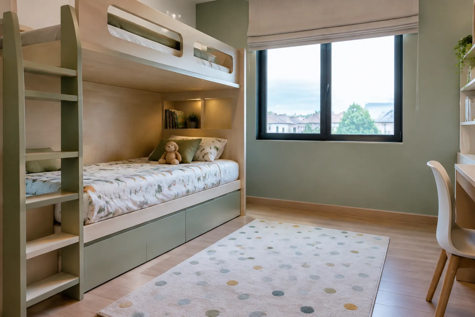 Kamar anak dengan tempat tidur tingkat.