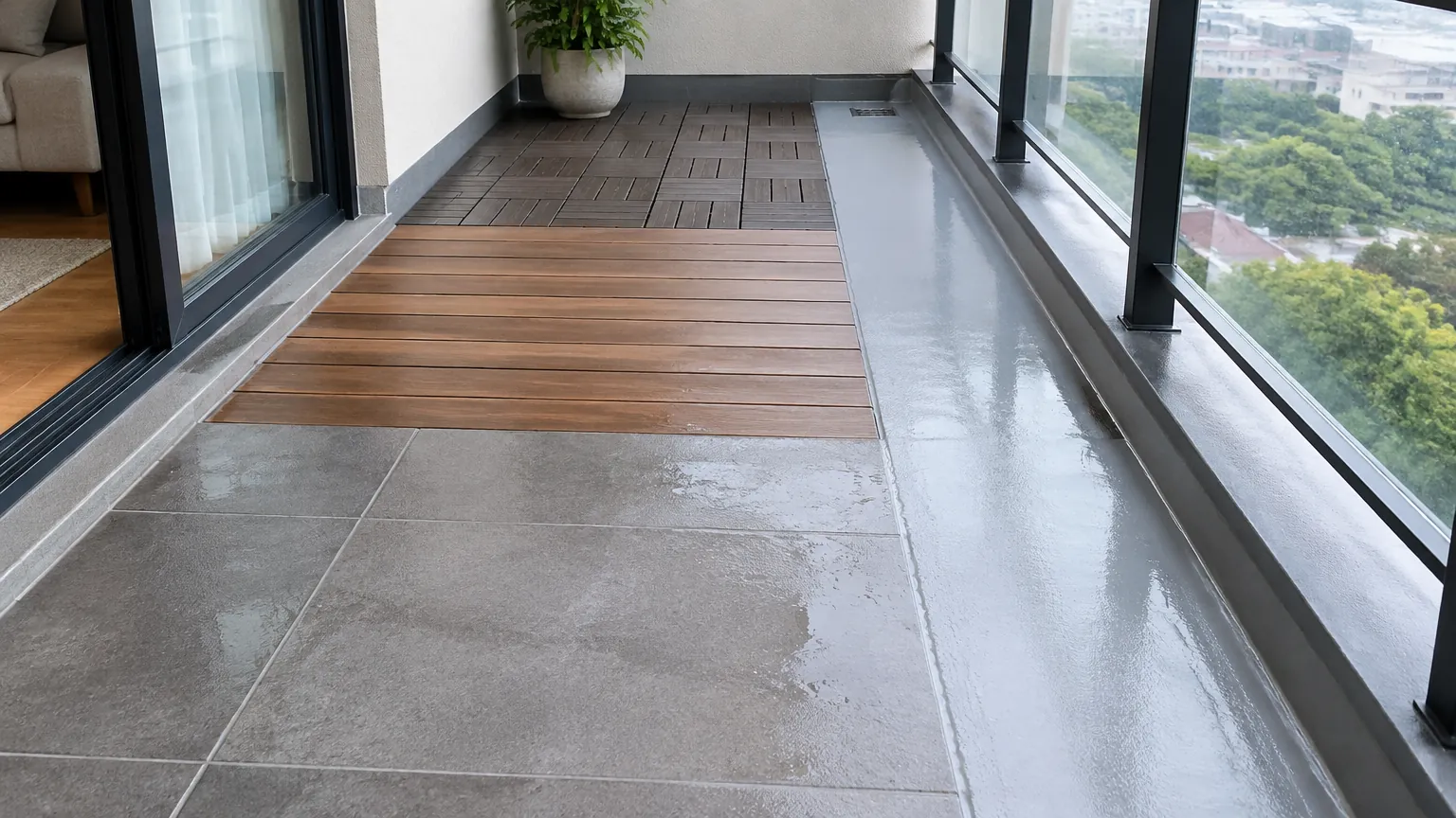 Dua jenis permukaan lantai pada balkon sempit