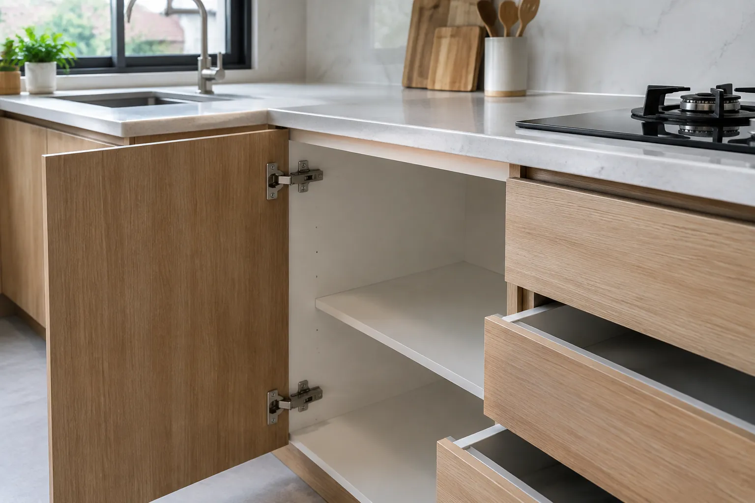 Laci kabinet dapur dan pintu penyimpanan terbuka