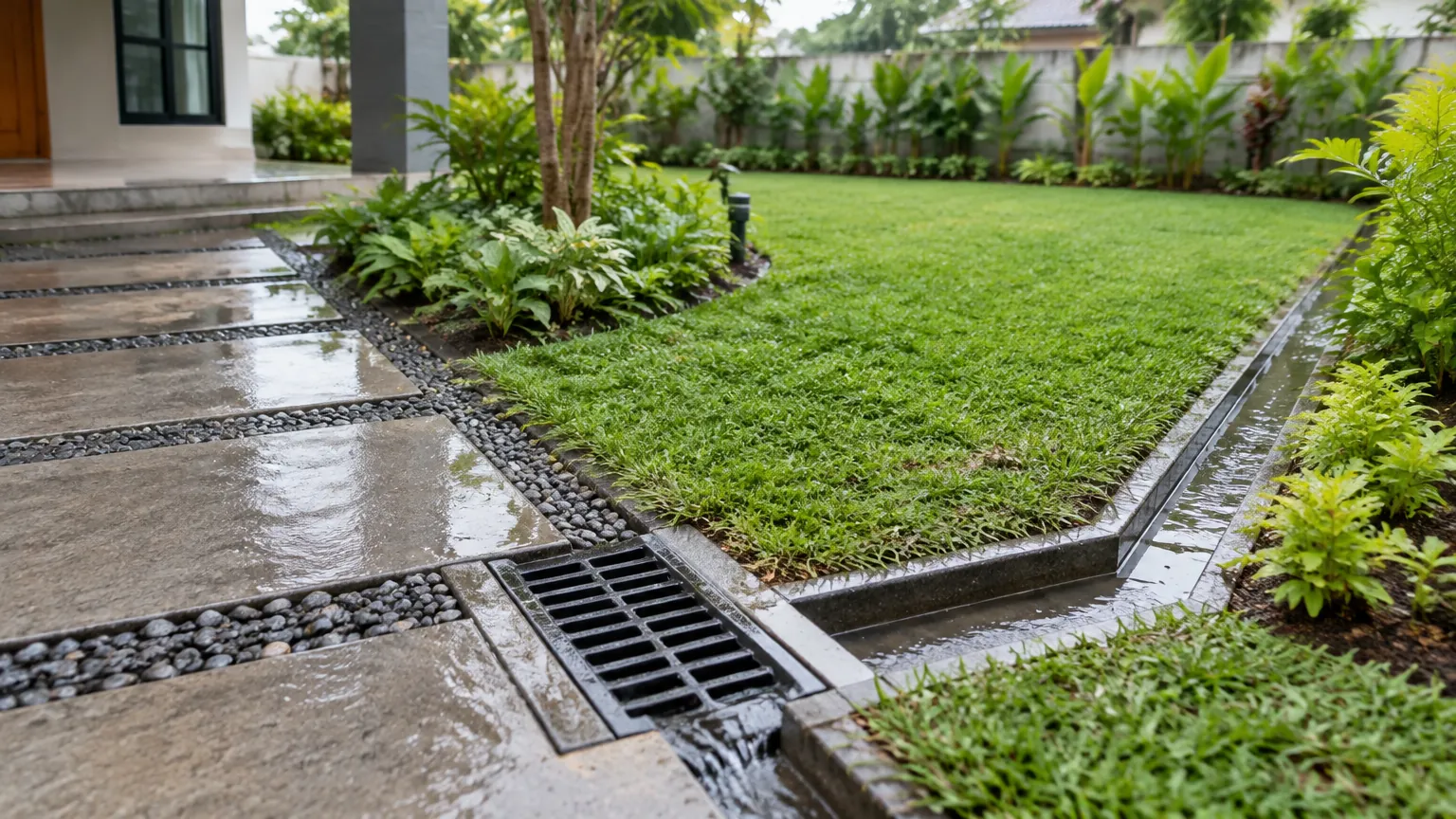 Jalur taman dengan saluran air di tepi rumput