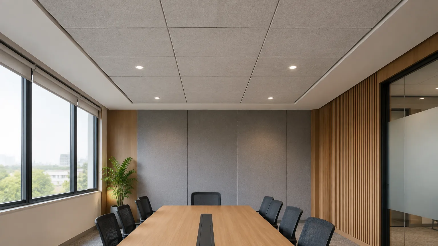 Ruang rapat dengan plafon panel dan lampu tanam