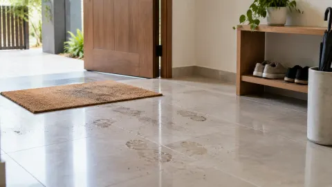 Jejak kotor di lantai foyer dekat pintu dan keset