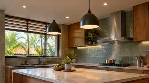 Dapur dengan lampu gantung dan cahaya di bawah kabinet