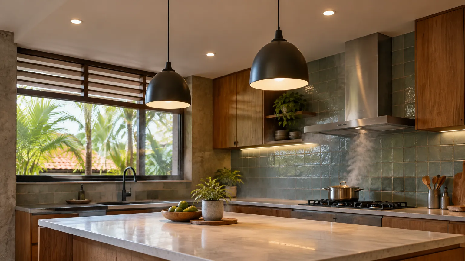Dapur dengan lampu gantung dan cahaya di bawah kabinet