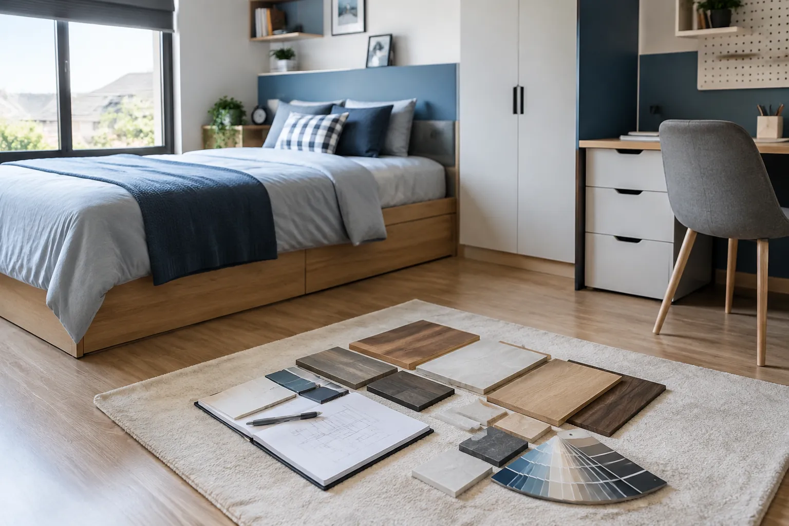Contoh bahan finishing kamar tersusun bersama lembar spesifikasi