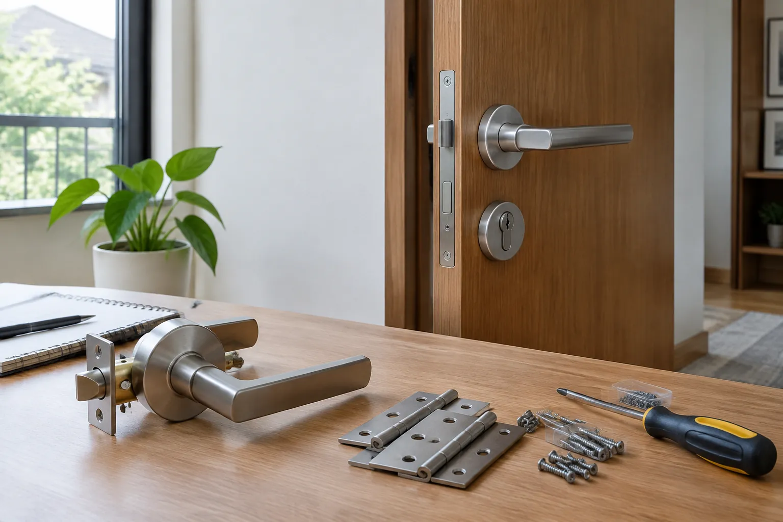 Contoh gagang dan engsel di depan pintu kayu