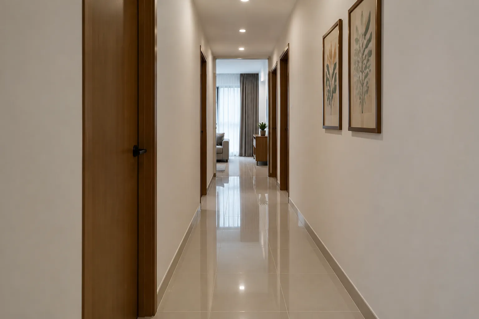 Lorong rumah dengan lantai berwarna terang
