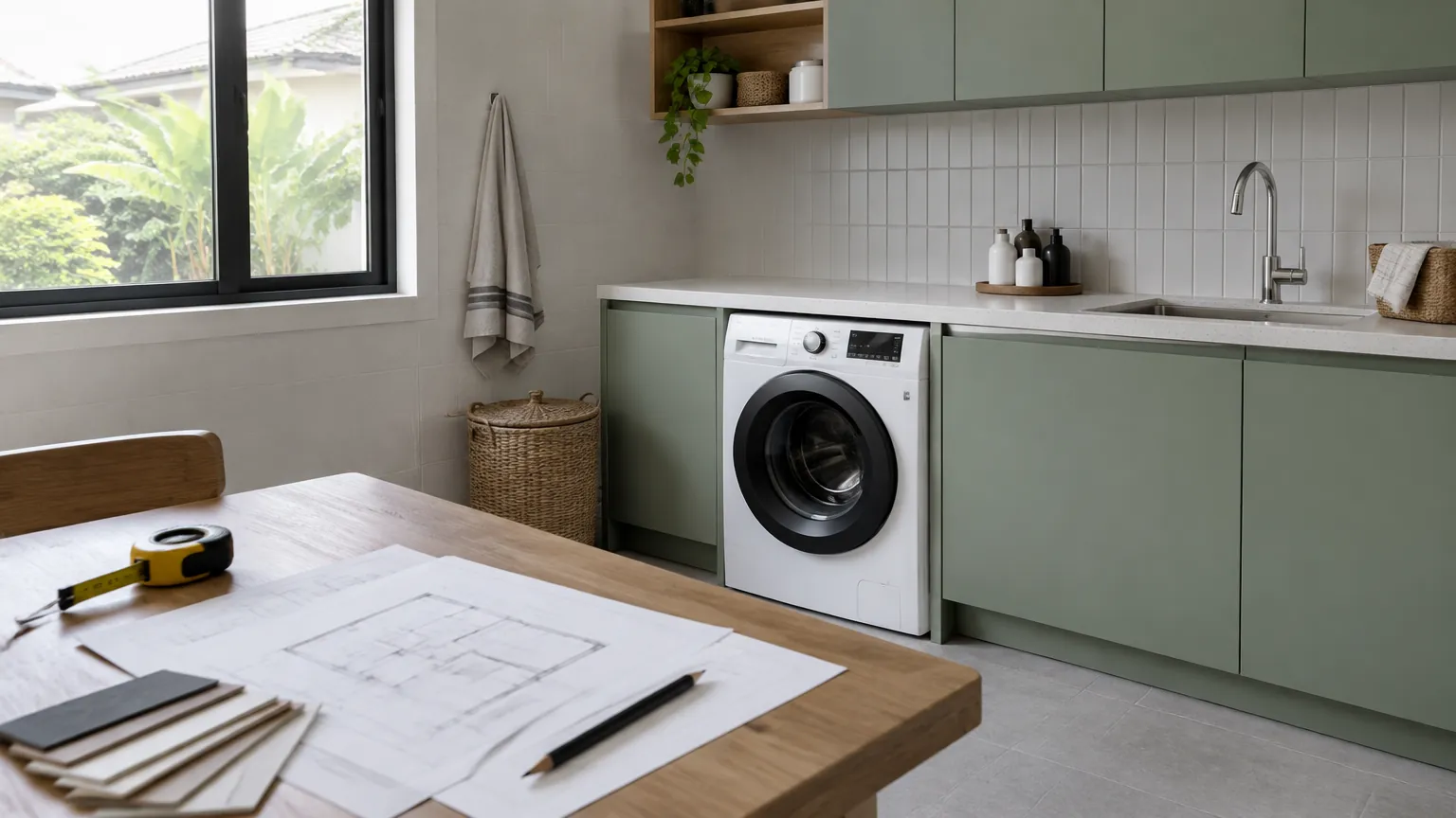 Ruang laundry dengan gambar rencana di depan kabinet dan mesin cuci
