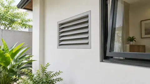 Kisi ventilasi pada dinding luar di samping jendela
