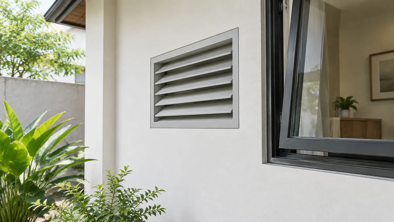 Kisi ventilasi pada dinding luar di samping jendela