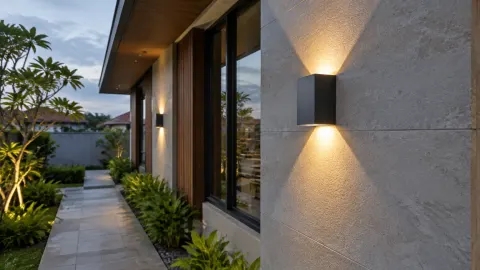 Lampu dinding luar menyinari jalan samping rumah