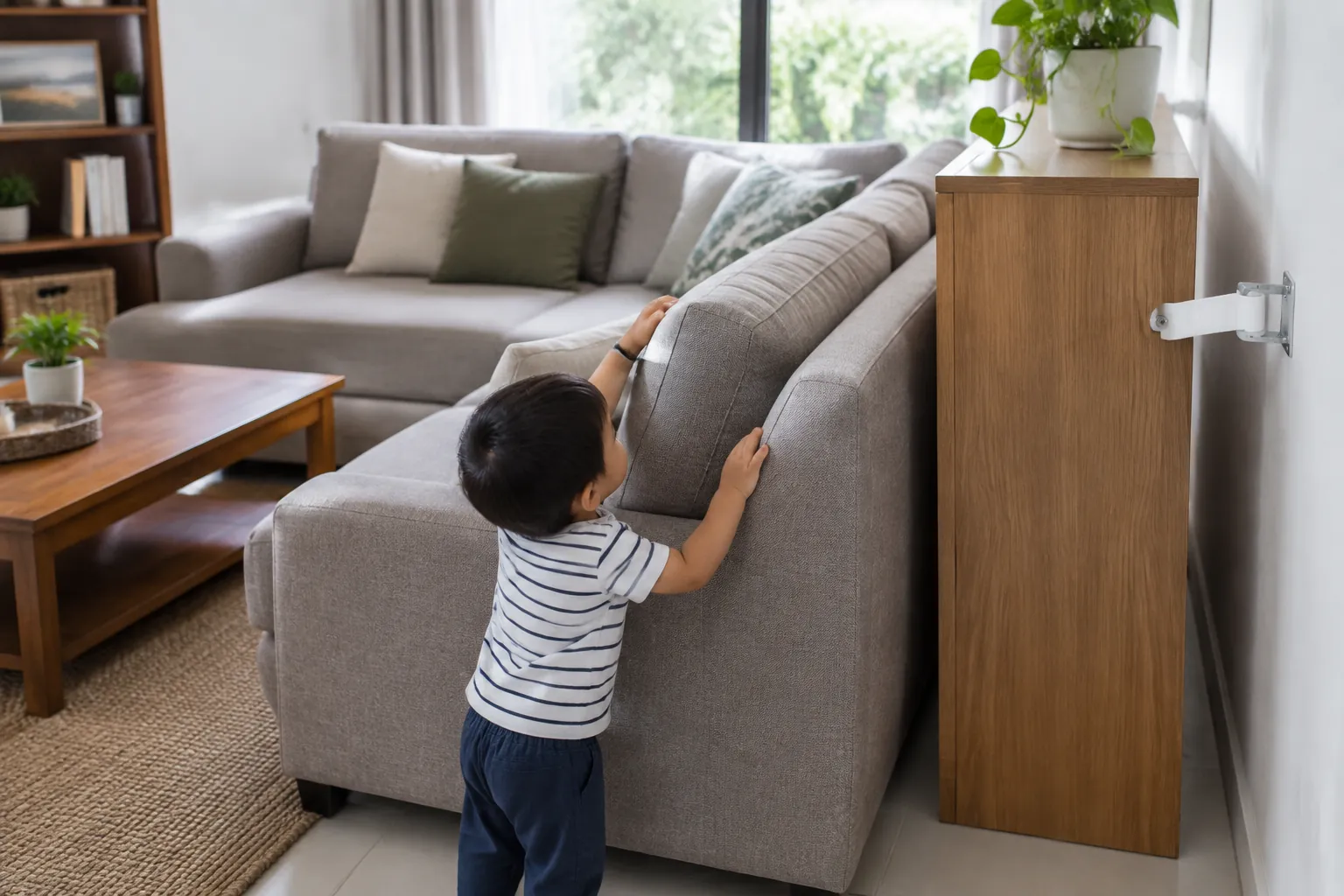 Anak kecil berdiri di samping sofa besar di ruang tamu