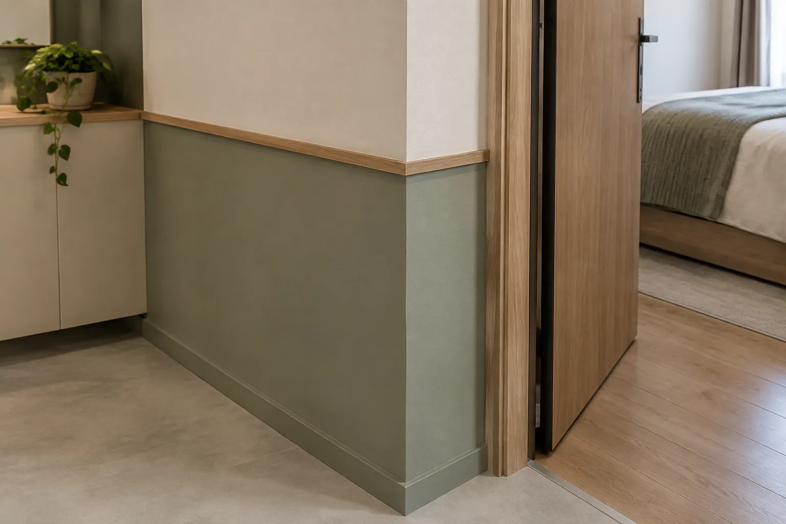 Partisi dua warna di dekat pintu kamar
