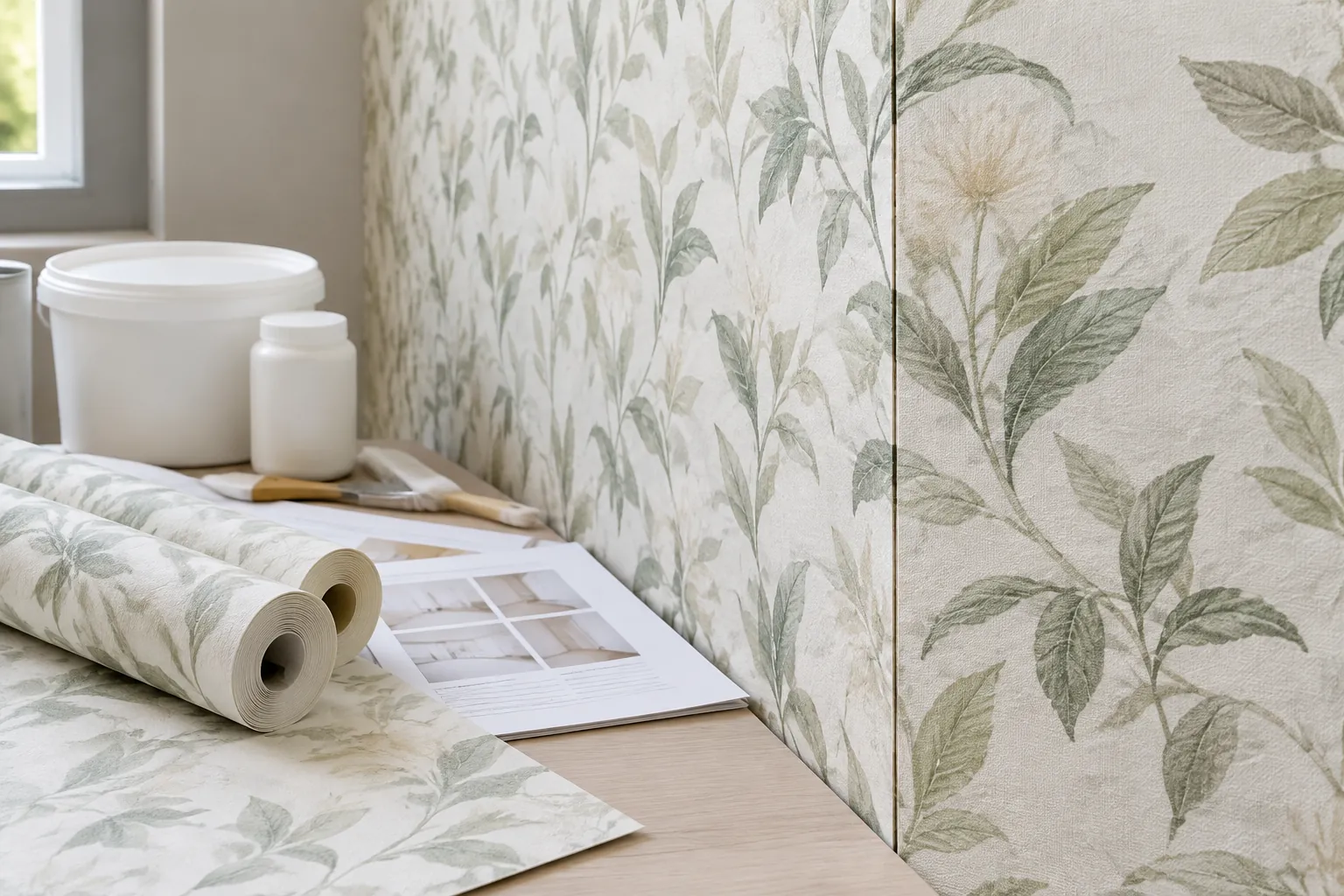Wallpaper bermotif daun di dinding dan sampel bahan