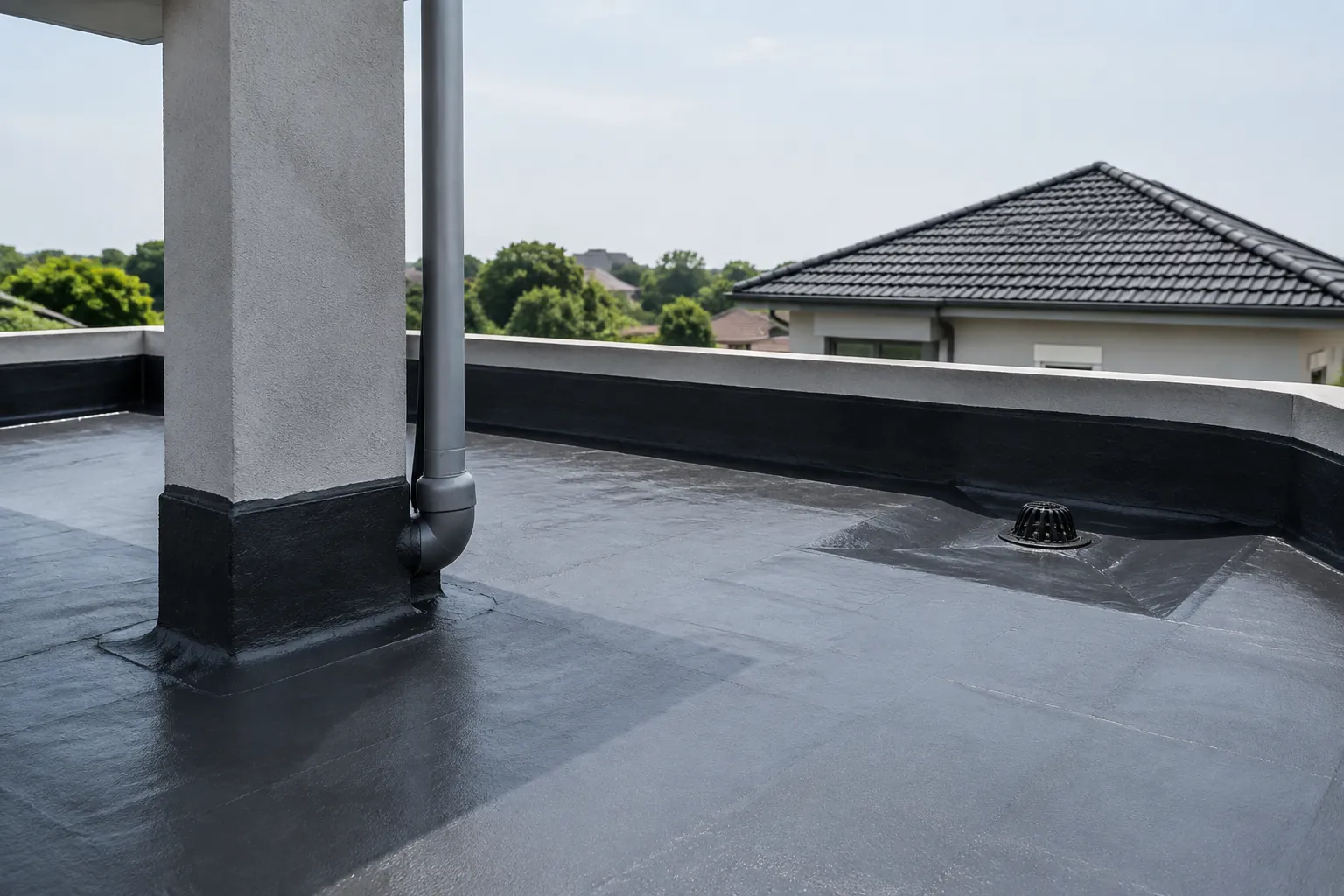 Drain dan pipa tegak berada pada dak berlapis kedap air
