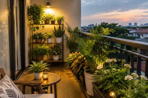 Tanaman balkon diterangi lampu pada malam hari