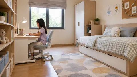 Anak duduk di meja belajar dalam kamar dengan tempat tidur