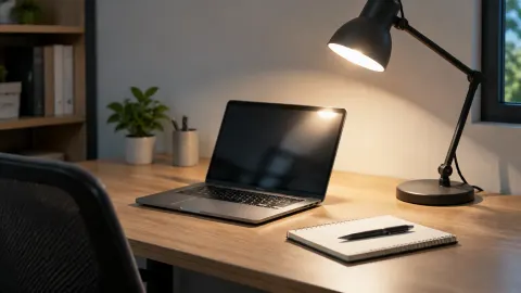 Lampu meja menyinari laptop di ruang kerja