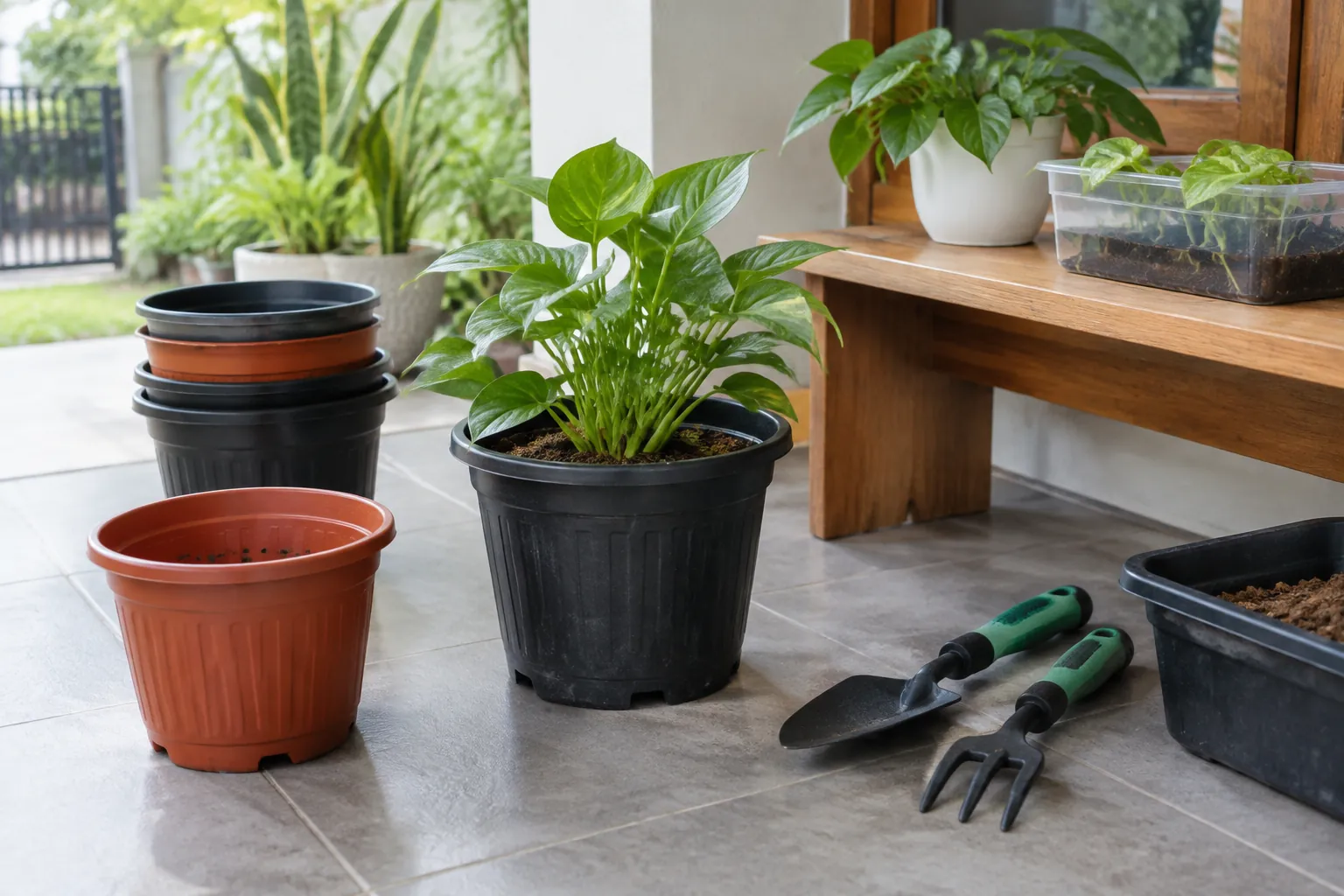 Pot tanaman dan alat berkebun di lantai teras
