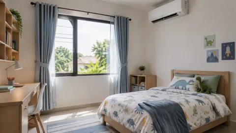 Kamar anak dengan jendela, tempat tidur, dan AC