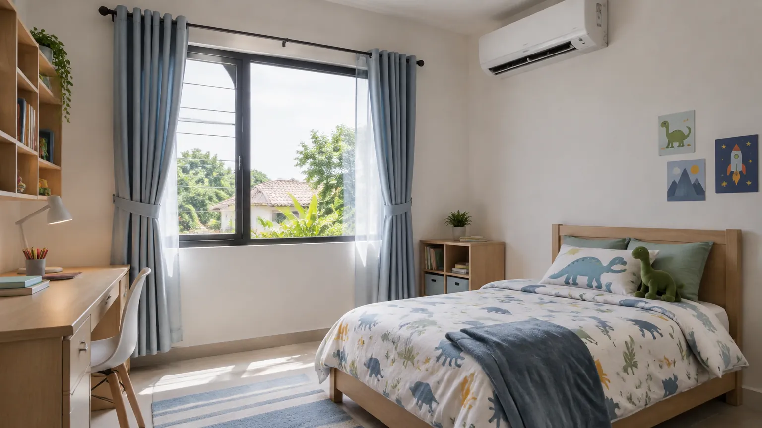 Kamar anak dengan jendela, tempat tidur, dan AC