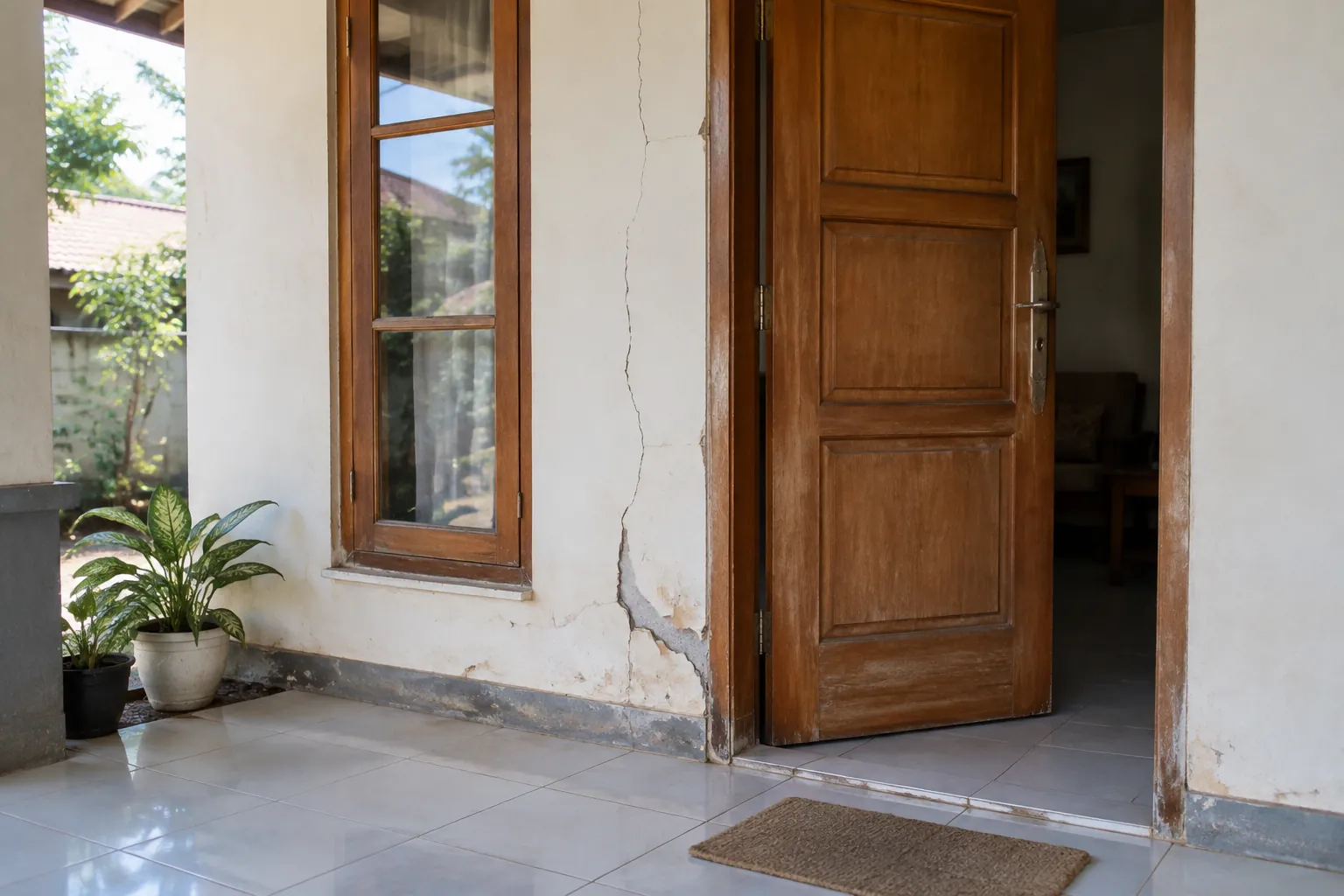 Retakan terlihat di sekitar pintu dan jendela pada fasad rumah