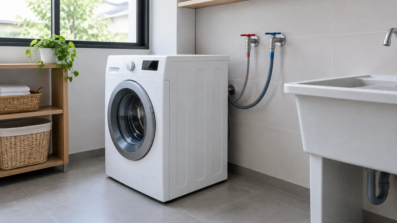 Mesin cuci dan bak cuci pada ruang laundry