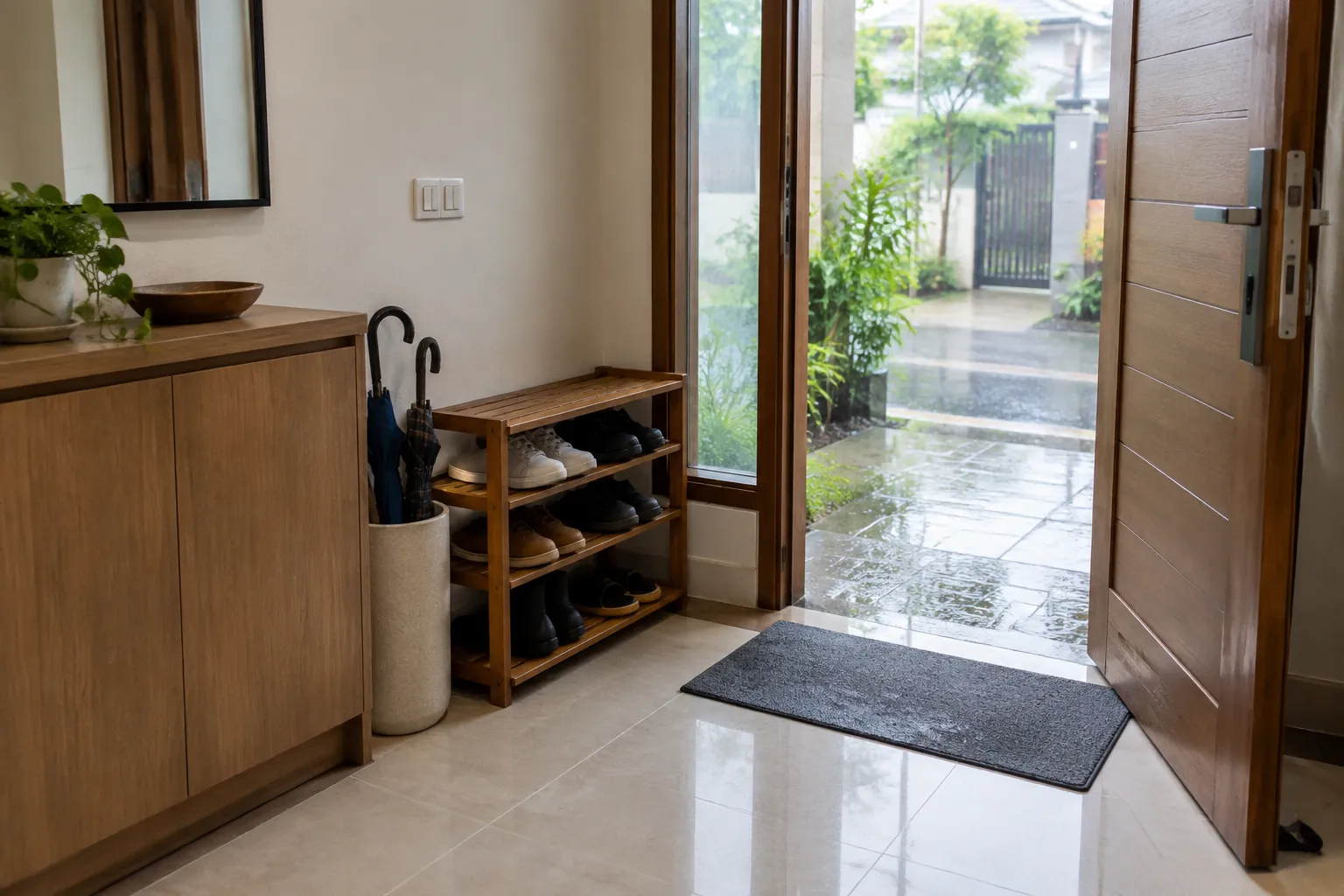 Area masuk rumah dengan lantai luar basah karena hujan