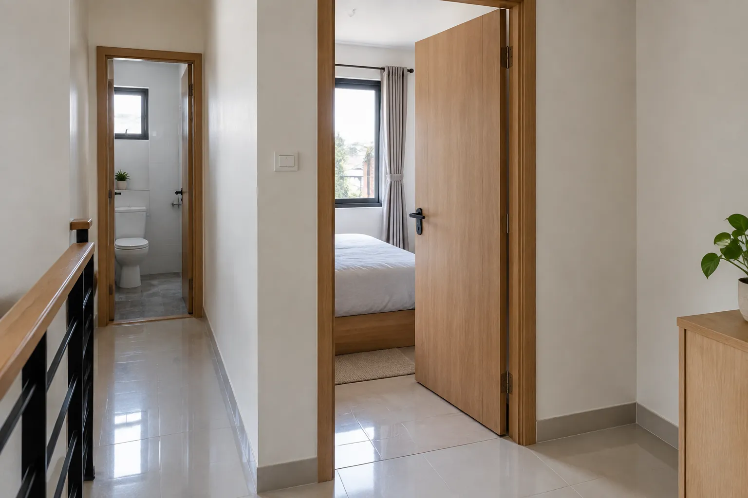 Pintu kamar terbuka ke koridor rumah yang sempit