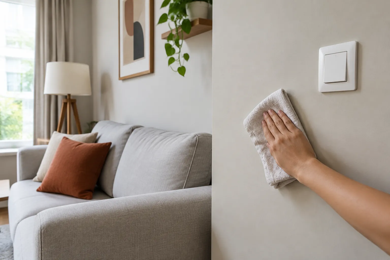 Tangan menyentuh permukaan dinding dekat sofa