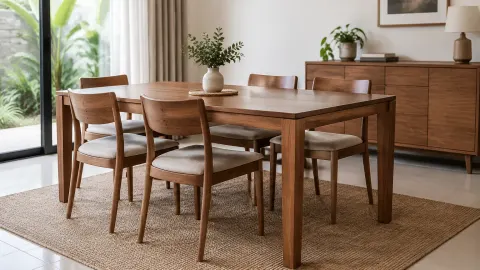Meja makan kayu dengan empat kursi di ruang rumah