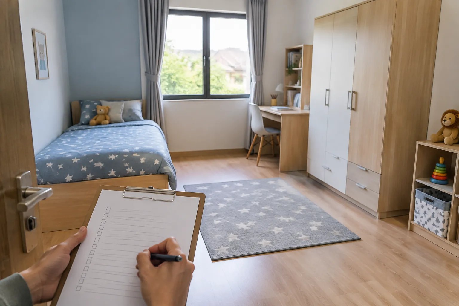 Seseorang membawa daftar periksa saat meninjau kamar anak sebelum renovasi