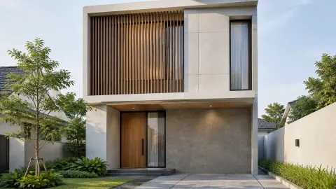 Fasad rumah minimalis dua lantai dengan bidang kayu dan plester