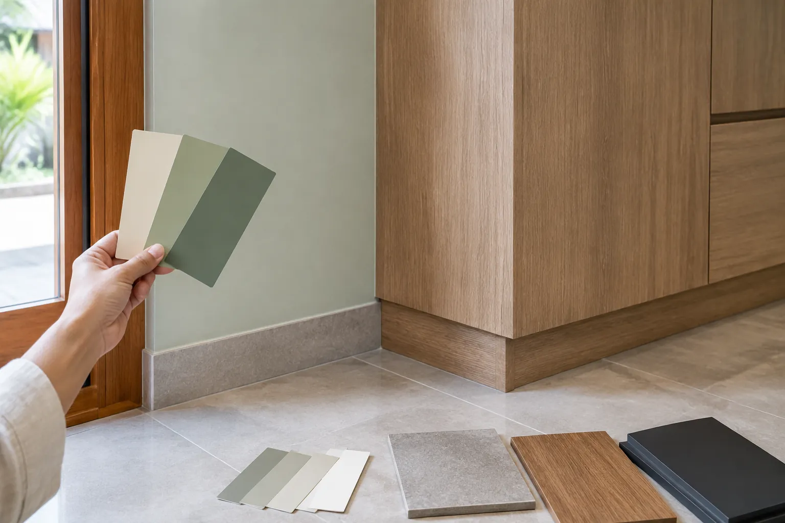 Sampel warna dibandingkan dengan dinding hijau dan panel kayu
